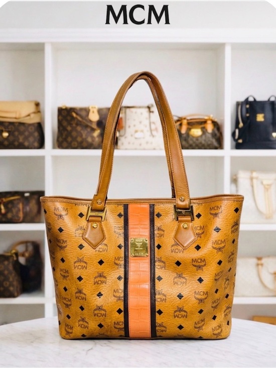 MCM Handbags - MCM Cognac Visetos Tote w Orange croc embossed Stripe limited edition - GUC